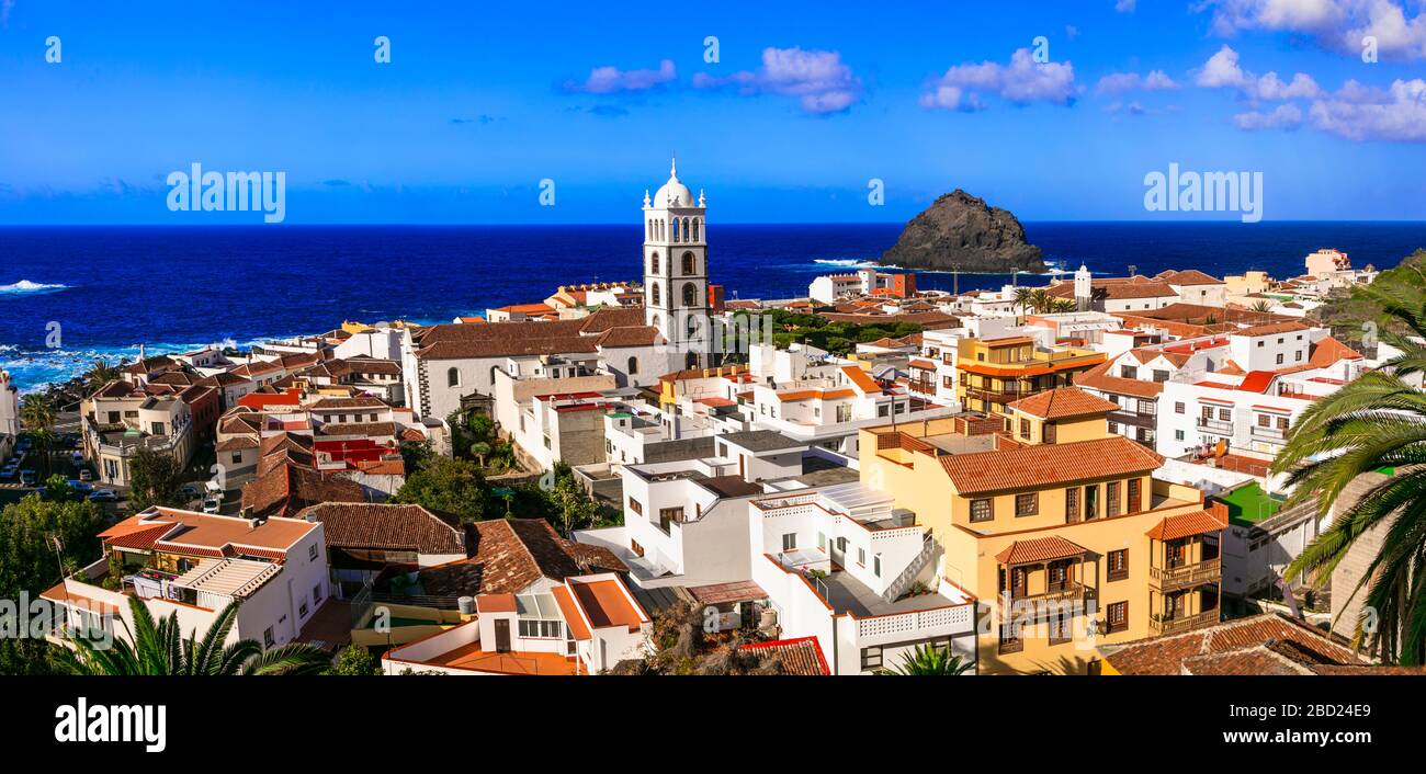 Traditional Garachico village,view with old cathedral,houses and sea,Tenerife island,Spain. Stock Photo