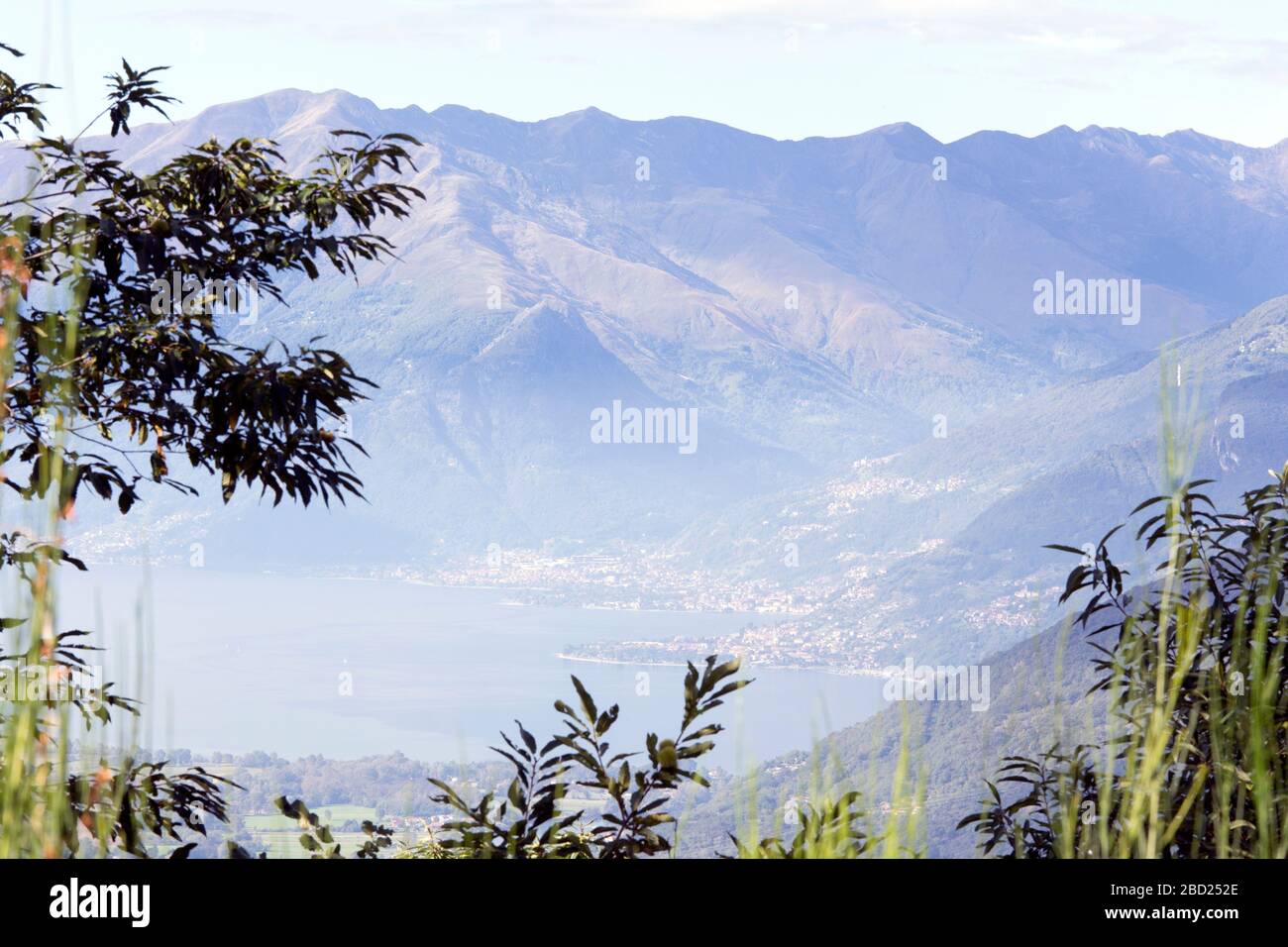 View of Mezzola lake from mountain, Italy Stock Photo