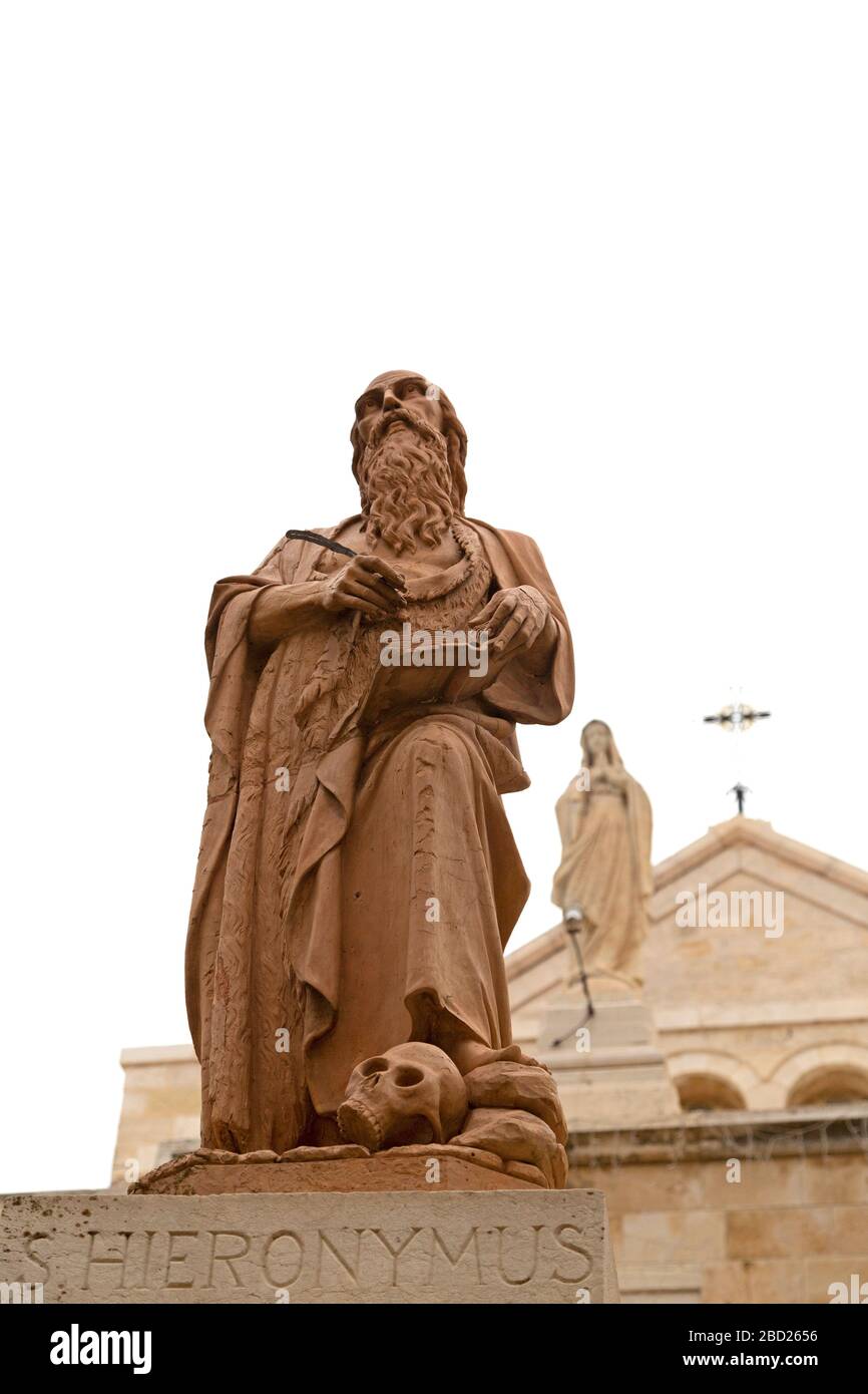 Statue of St Heironymus at the Church of the Nativity in Bethlehem, Israel. He died in Bethlehem in 420AD and is better known as St Jerome. Stock Photo