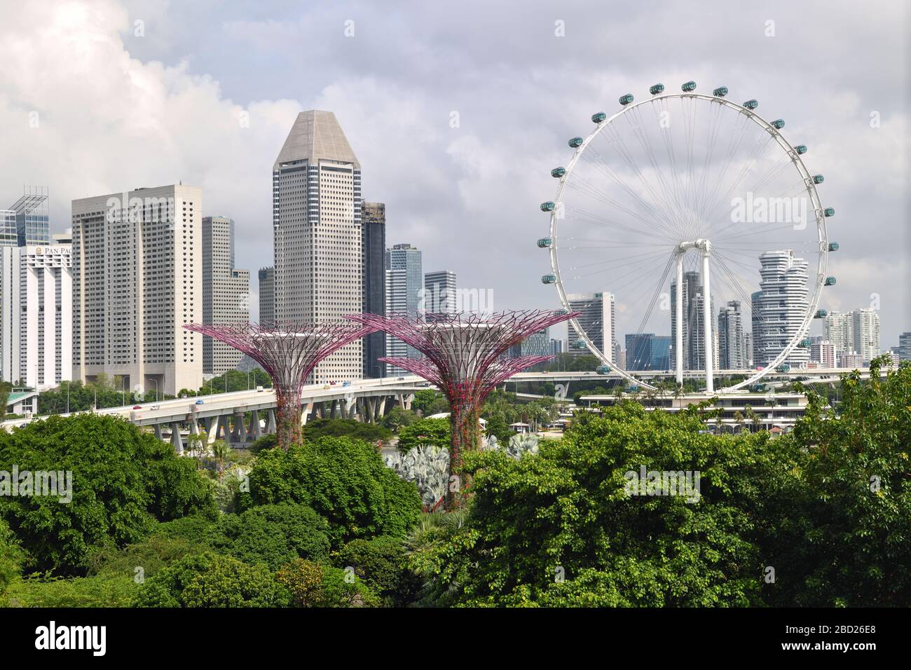 The Singapore Flyer Ferris wheel dominates the landscape at Gardens by the Bay with the city towers providing the backdrop. Stock Photo