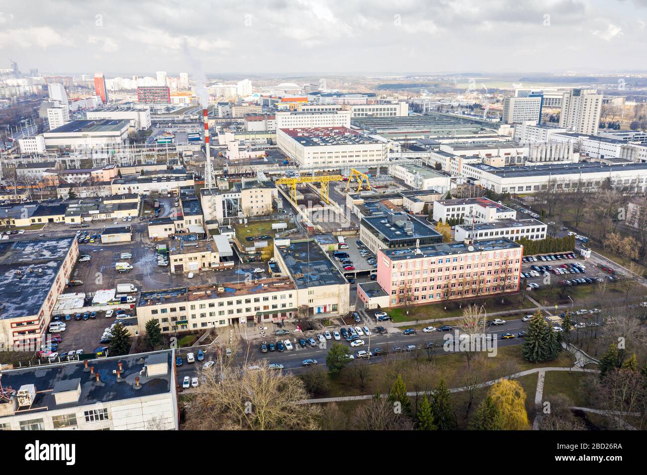 aerial top view of industrial buildings. manufacturing companies, factories and warehouses at urban industrial area Stock Photo