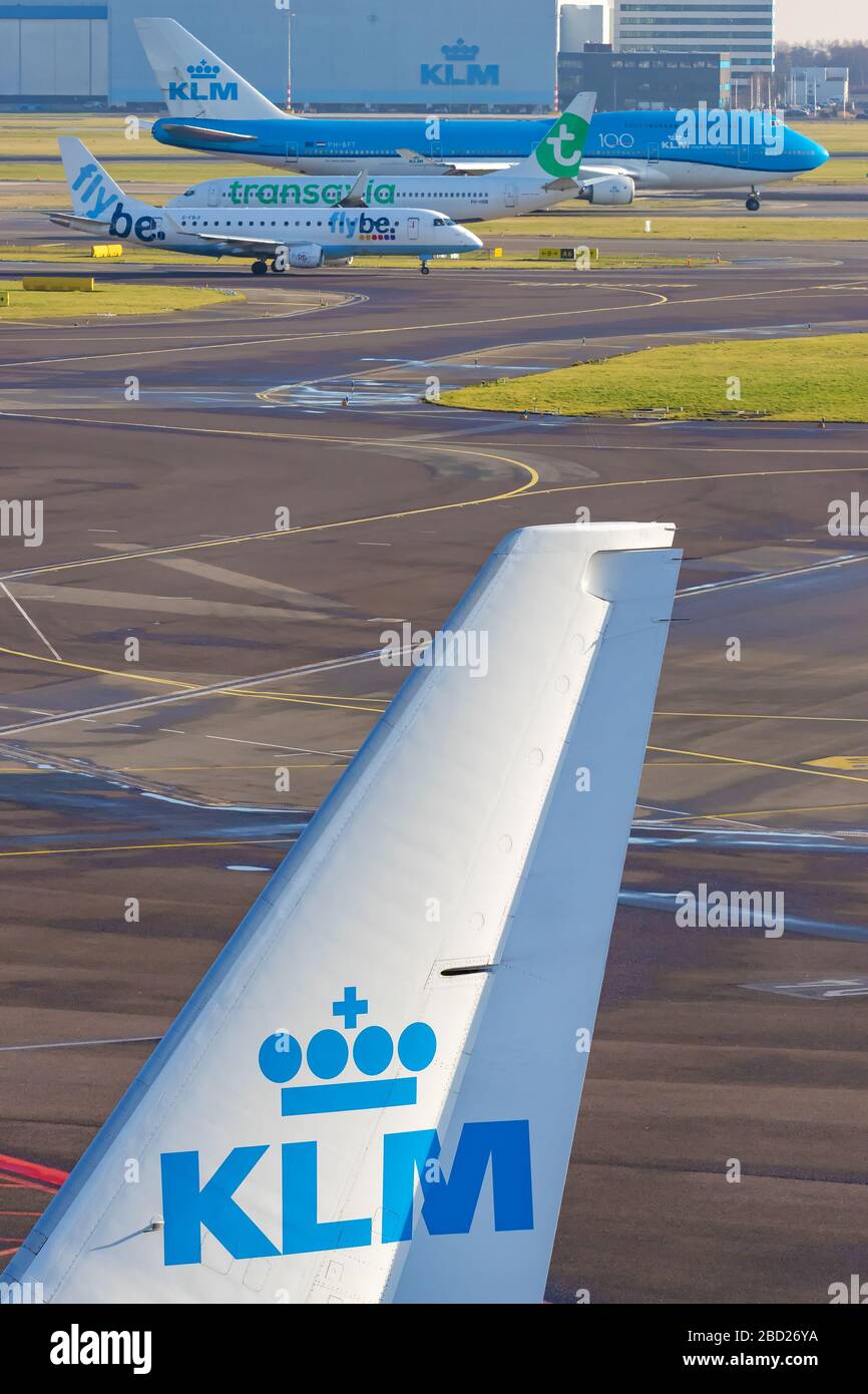 Schiphol, The Netherlands - January 16, 2020:  Aircraft rear wing of the Dutch airline KLM / Royal Dutch Airlines on Schiphol Airport, The Netherlands Stock Photo