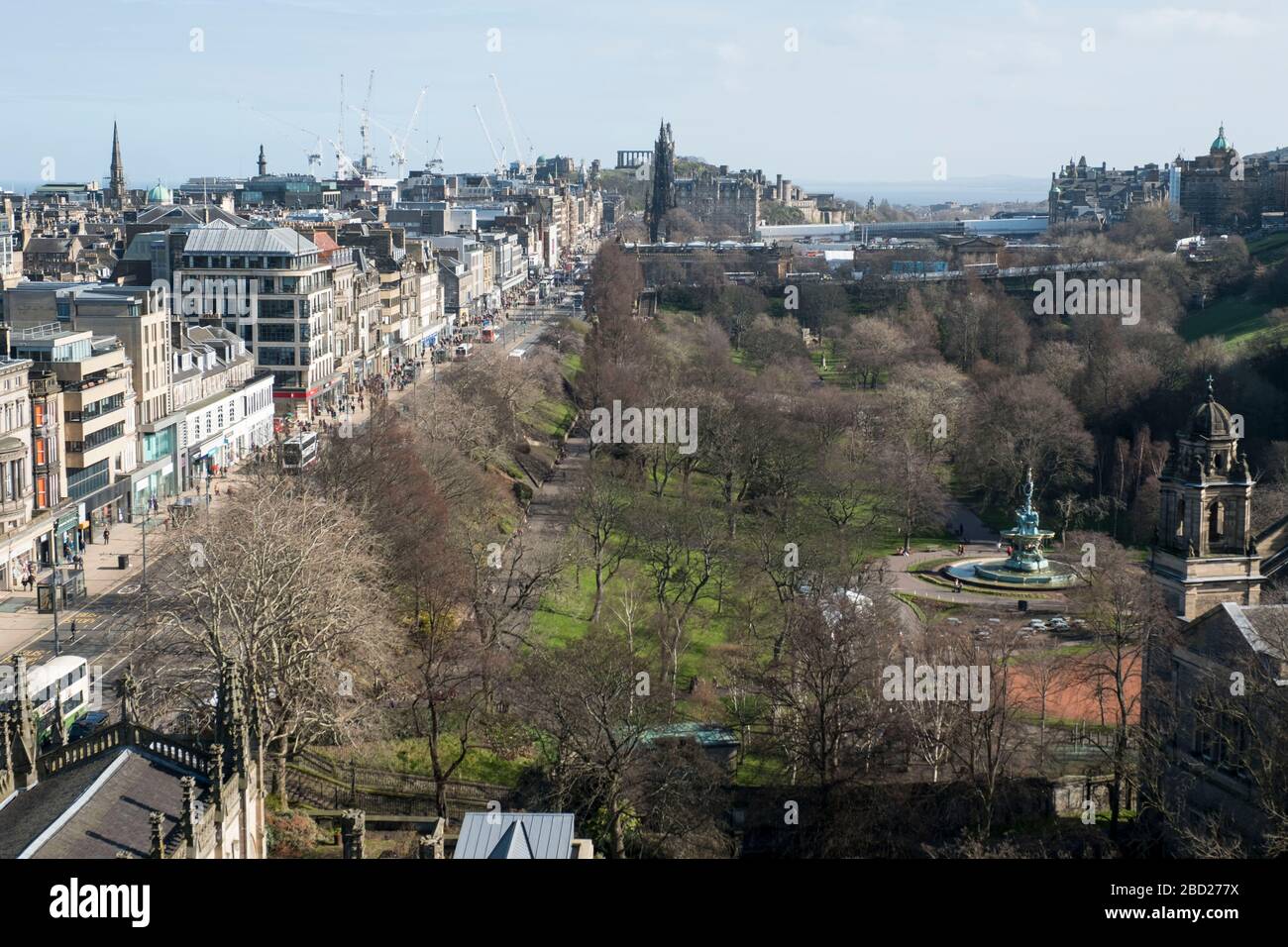 A view looking east of Princes Street and West Princes street gardens, Edinburgh, Scotland. Stock Photo