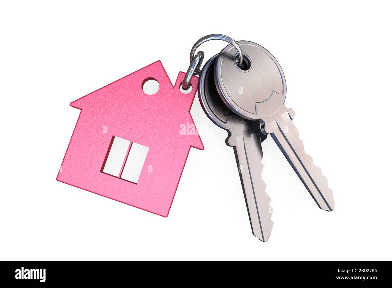 3D illustration: Pink transparent glass keychain in the form of a house with a pipe and a window connected by a ring with two metal keys. Stock Photo