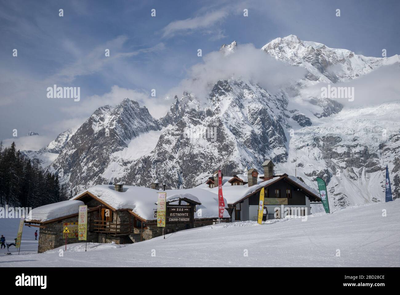 Snowcapped mountain range, Alpine Resort, Aosta Valley, Courmayeur, Northern Italy, Italy Stock Photo