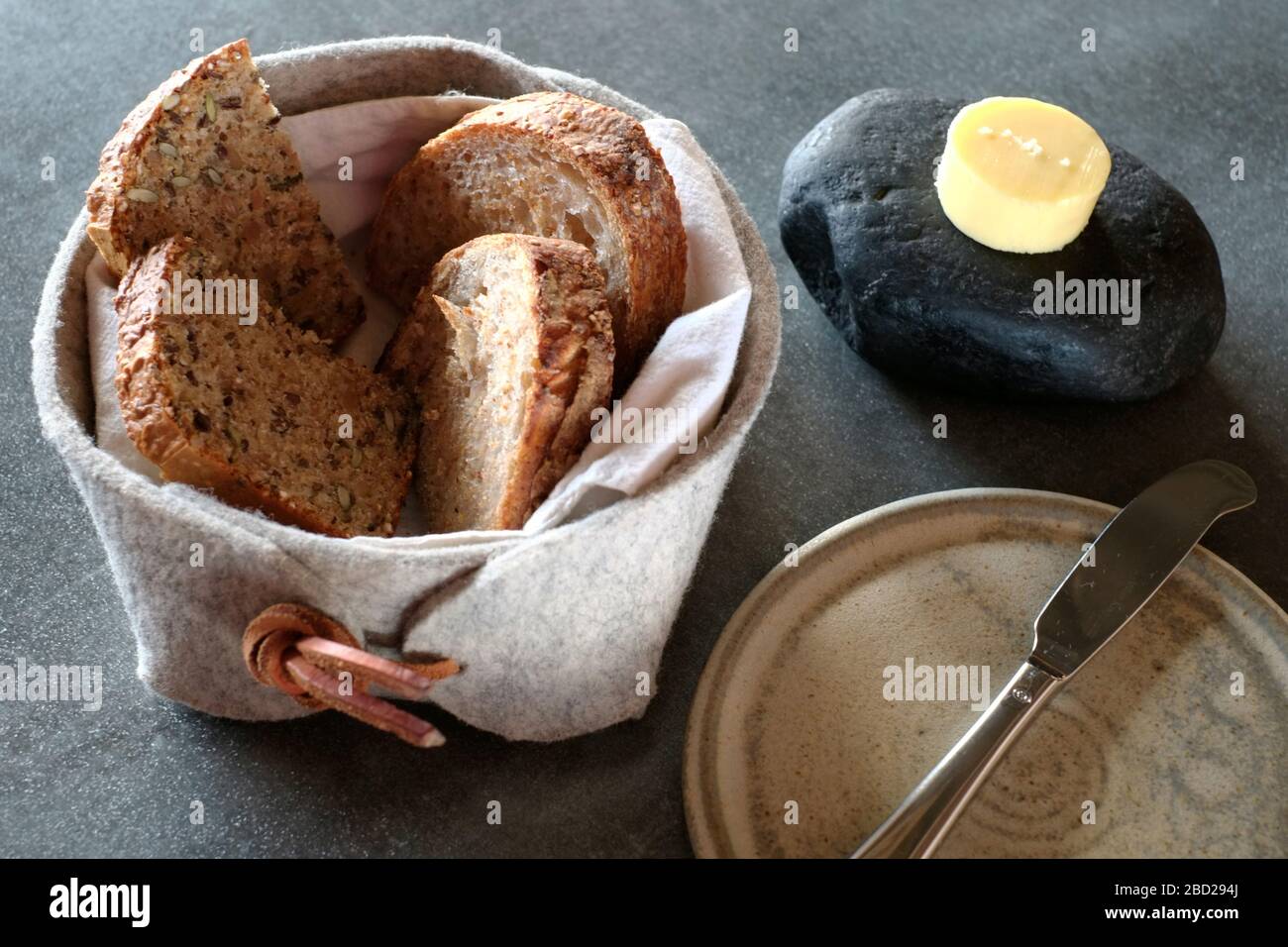 Homemade bread and butter at Michelin-starred Loam restaurant in Galway City, County Galway, Ireland Stock Photo