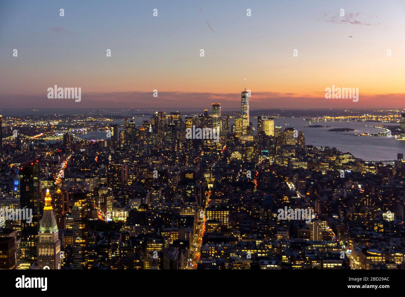 New York, United States: October 16, 2019: New York city view from the top of Empire State building, with lower Manhattan and Hudson river Stock Photo