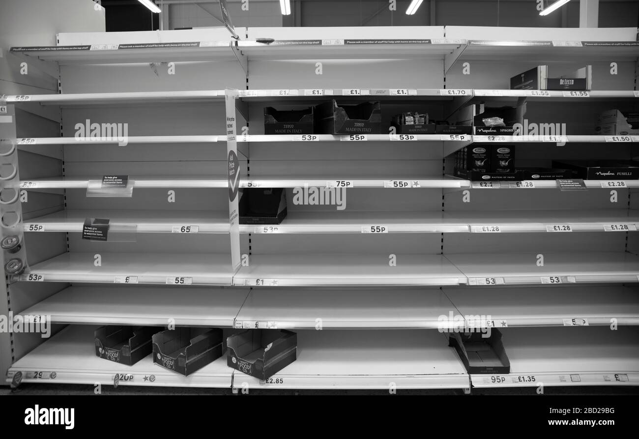 Empty supermarket shelves following panic buying seen during the Covid 19 outbreak Stock Photo