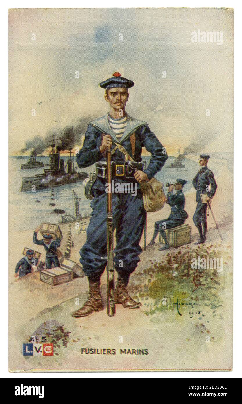 French historical postcard: A marine in military uniform with a rifle in full equipment against the background of warships. World war one 1914-1918 Stock Photo