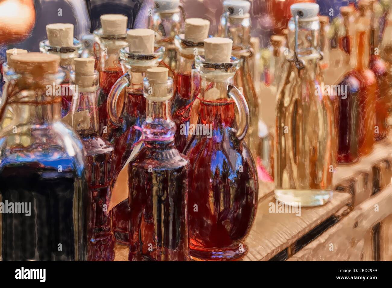 watercolor illustration: Bottles of homemade liqueur and schnapps on a wooden shelf Stock Photo