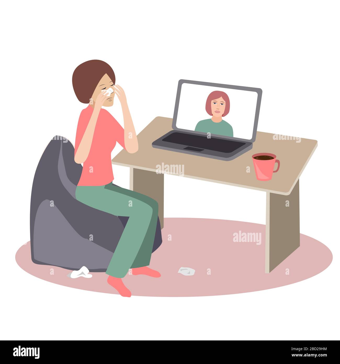 Crying woman seating at her desk in front of her laptop having an online call with her therapist. Vector illustration Stock Vector