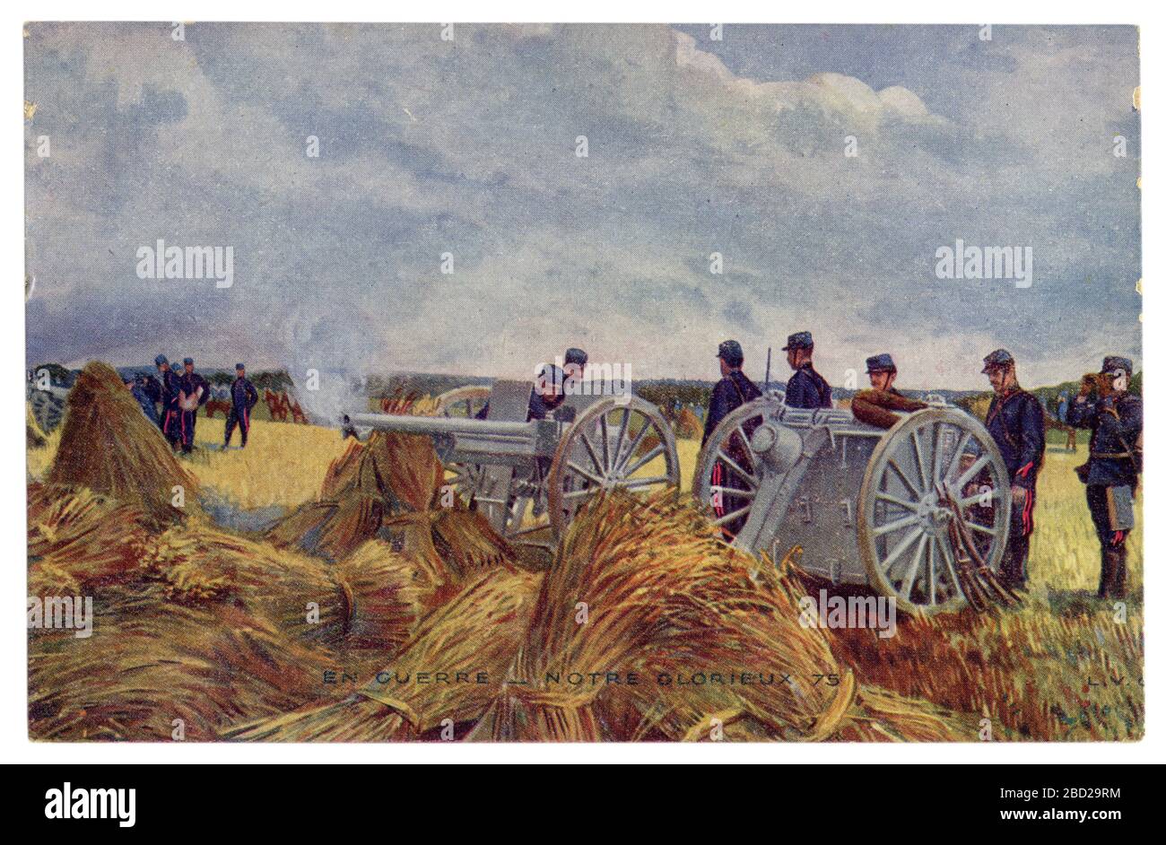 French historical postcard: artillery battery in position firing at the enemy. Artillery servants charge field 75 mm cannon.  world war one 1914-1918. Stock Photo