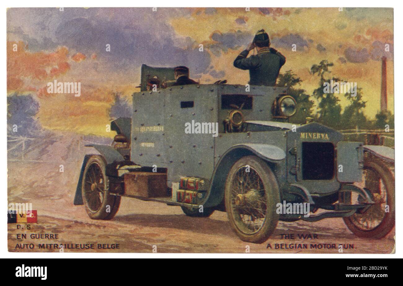 French historical postcard: belgian Minerva armored motor car on reconnaissance, Kingdom of Belgium, world war one 1914-1918. Stock Photo