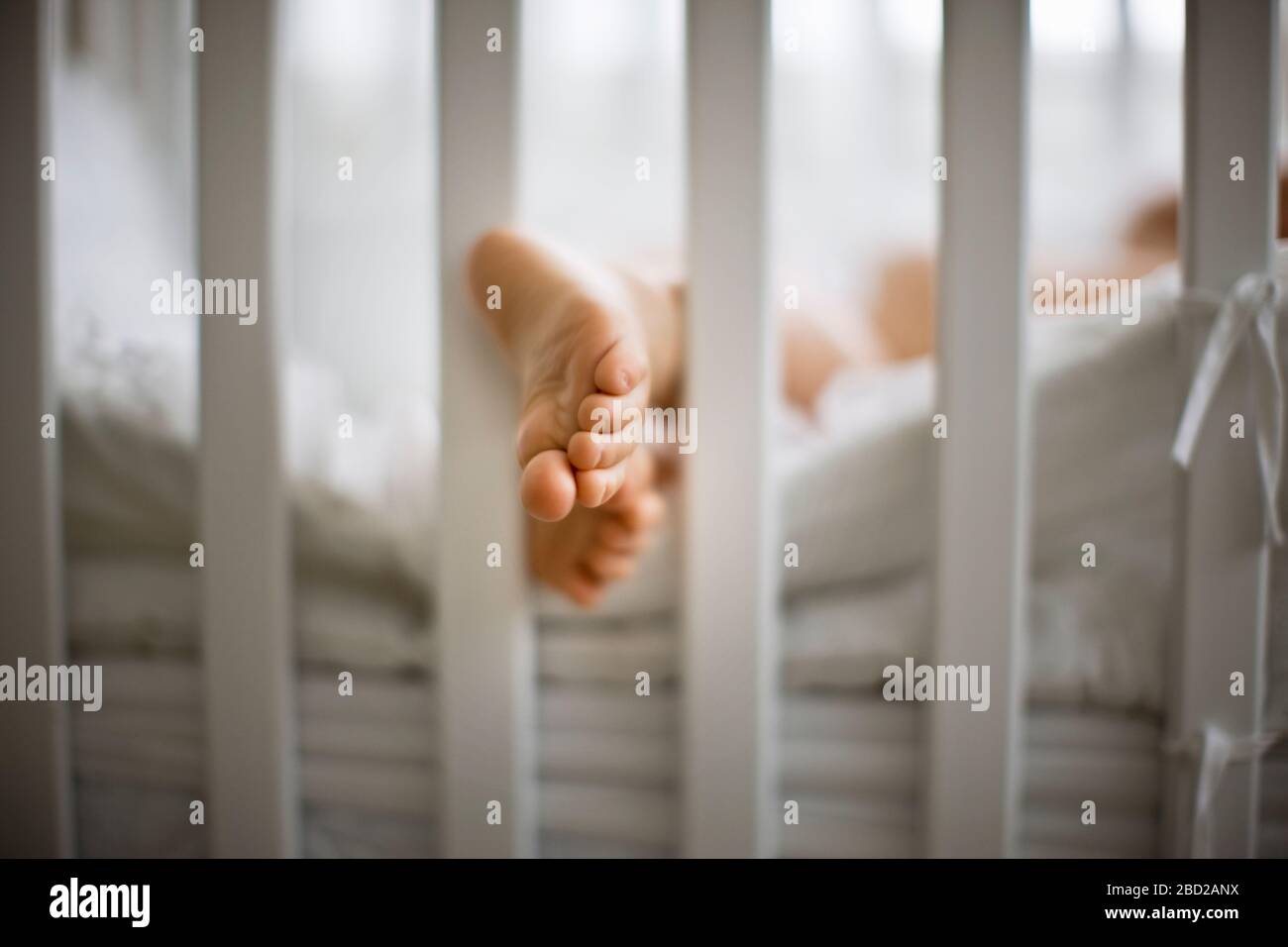 Babies feet sticking through the bars of a cot Stock Photo Alamy