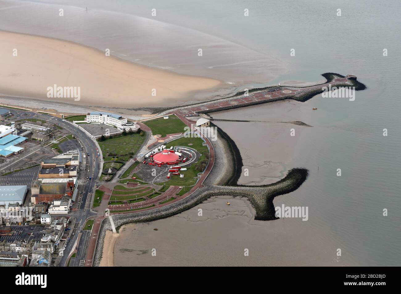 aerial view of the Stone Jetty and sea defences at Morecambe, Lancashire Stock Photo
