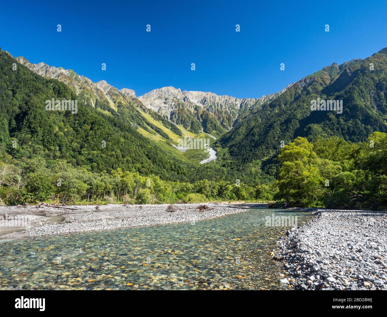 Mount Hotaka and River Azusa in Kamikōchi (the Upper Highlands) in the Hida Mountains, Nagano Prefecture, Japan. Stock Photo