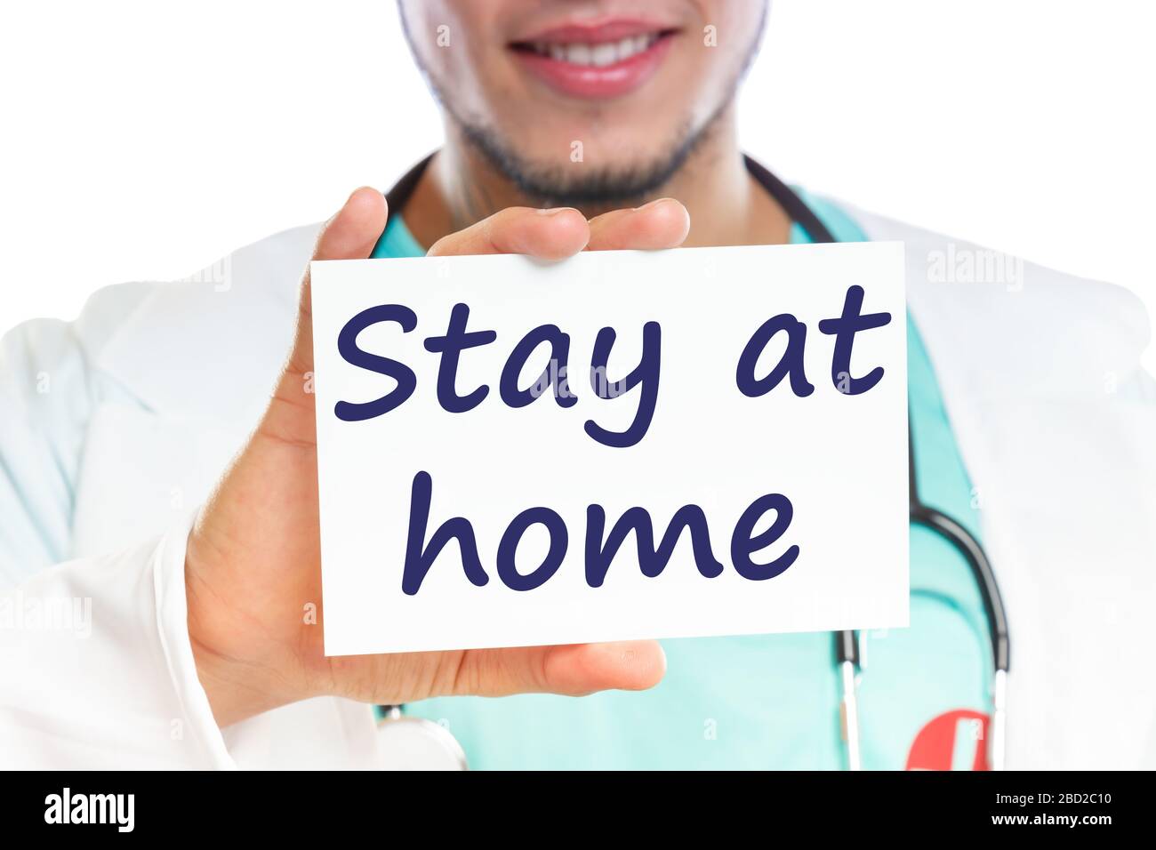 Stay at home Corona virus coronavirus disease doctor ill illness healthy health with sign Stock Photo