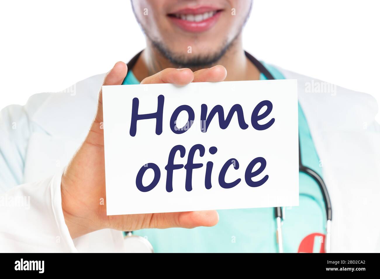 Home office work working Corona virus coronavirus disease doctor ill illness healthy health with sign Stock Photo
