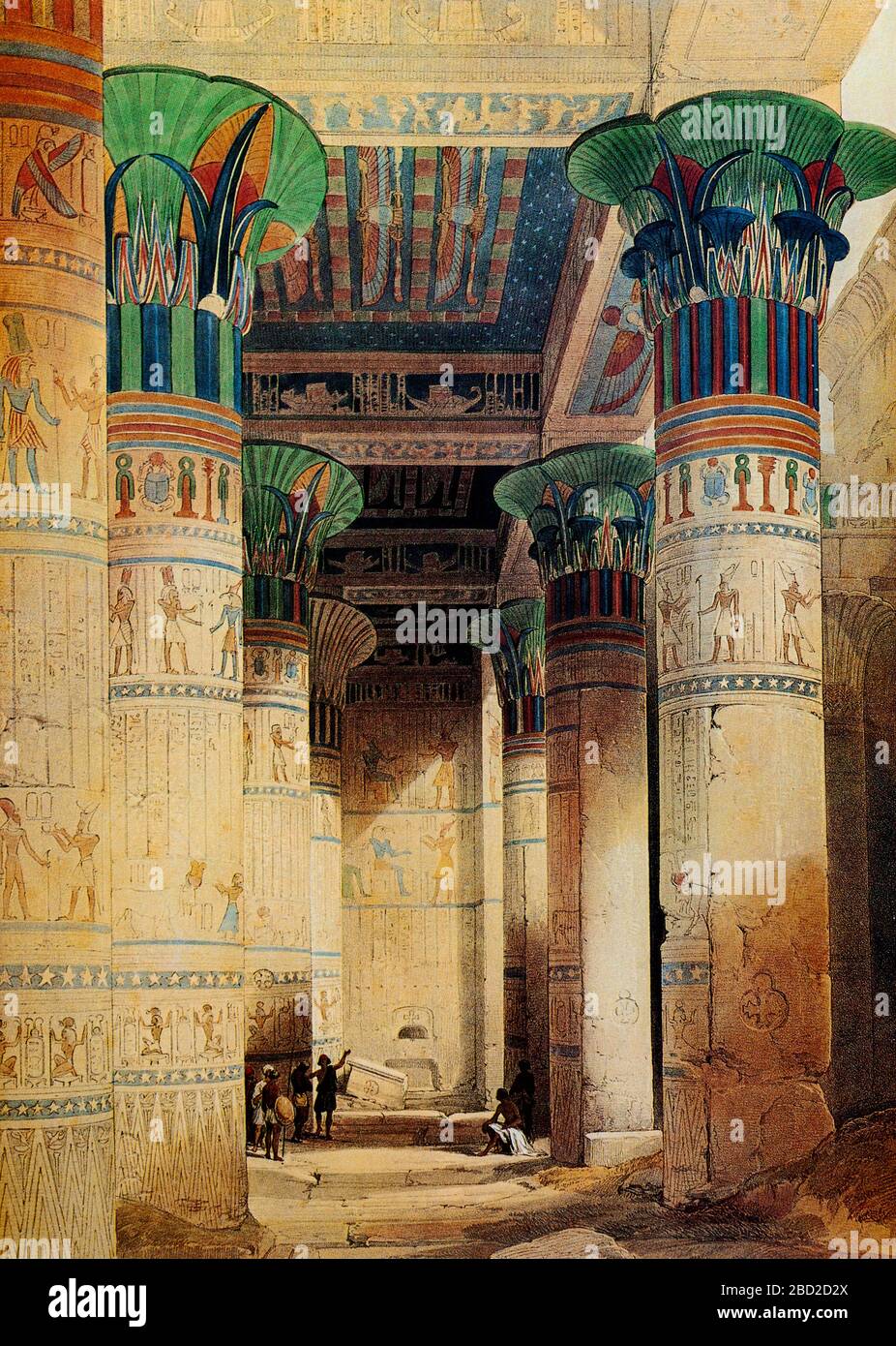 The Hypostyle Hall in the Temple of Isis at Philae,  on a small island in the Nile south of Aswan, Egypt. The temple is relatively new by Egyptian standards, begun under one of the last of the native pharoahs, Nectanebo I (c380-62 BC) but mostly dating to the Ptolemaic period. Painting by David Roberts (1796-1864) Stock Photo