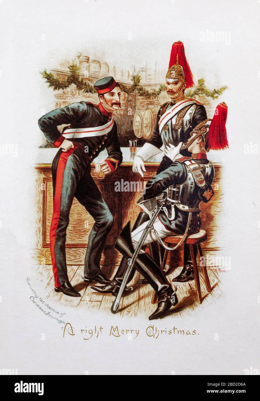 A 19th Century Christmas Card featuring troopers from the   Royal Regiment of Horse Guards in a bar. The Blues as they were also called was a cavalry regiment of the British Army, part of the Household Cavalry (unknown artist). Stock Photo