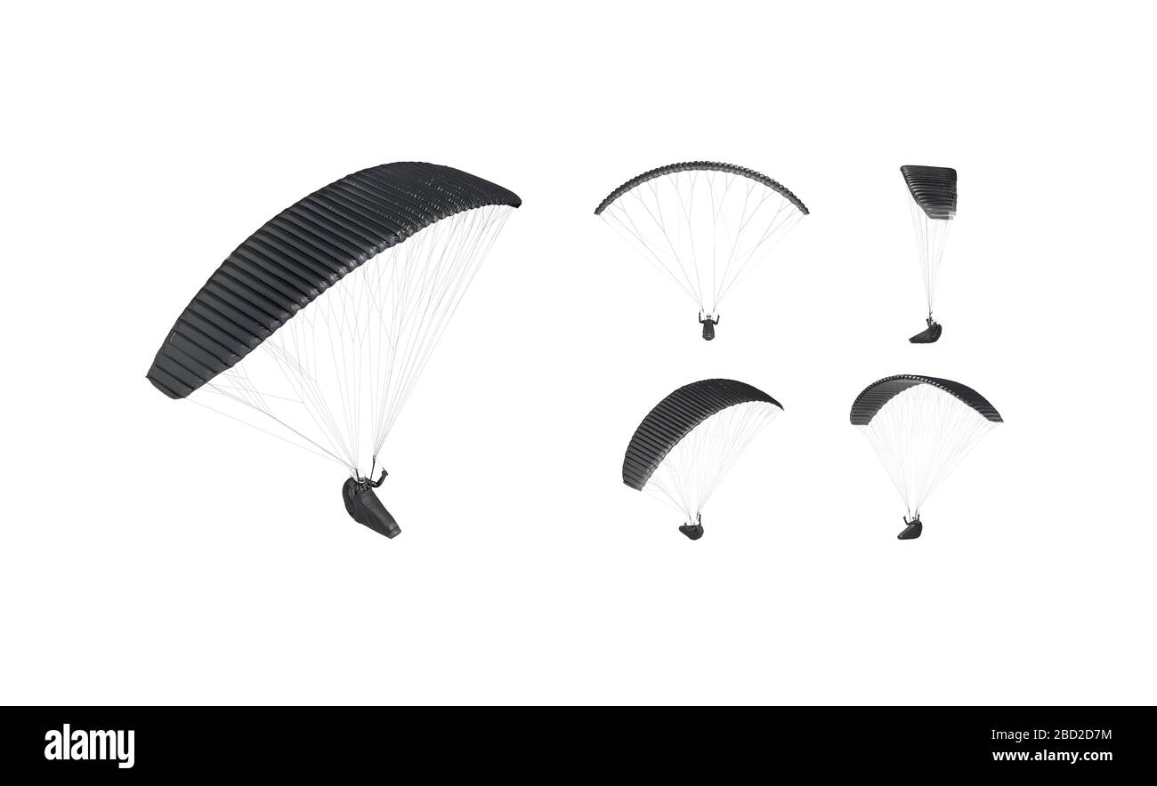 Blank black paraglider with person in harness mockup, different views Stock Photo