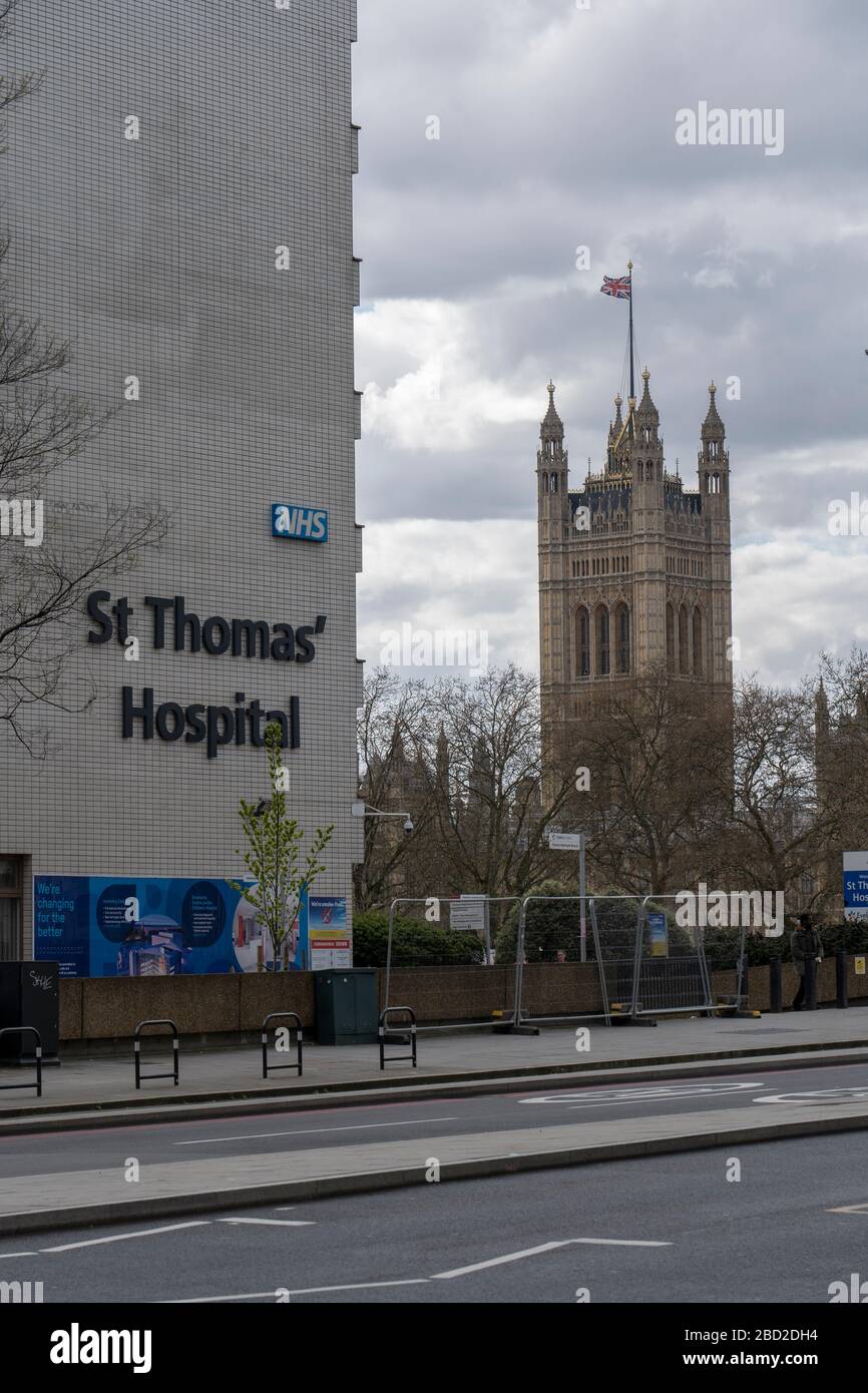 London, UK. 6th April, 2020. Outside St Thomas' Hospital in Westminster during the Coronavirus Pandemic. (photo by Sam Mellish / Alamy Live News) Stock Photo