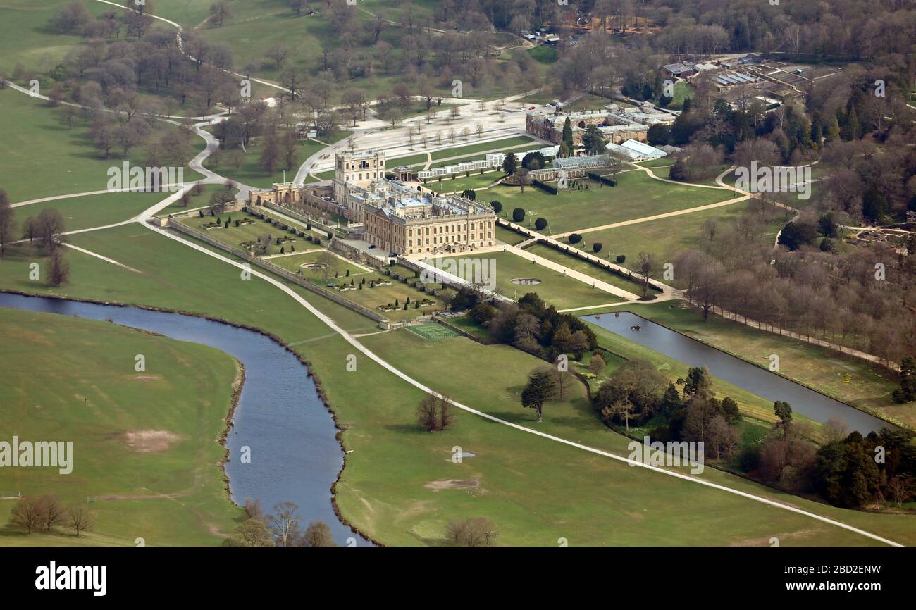 aerial view of Chatsworth House stately home Stock Photo