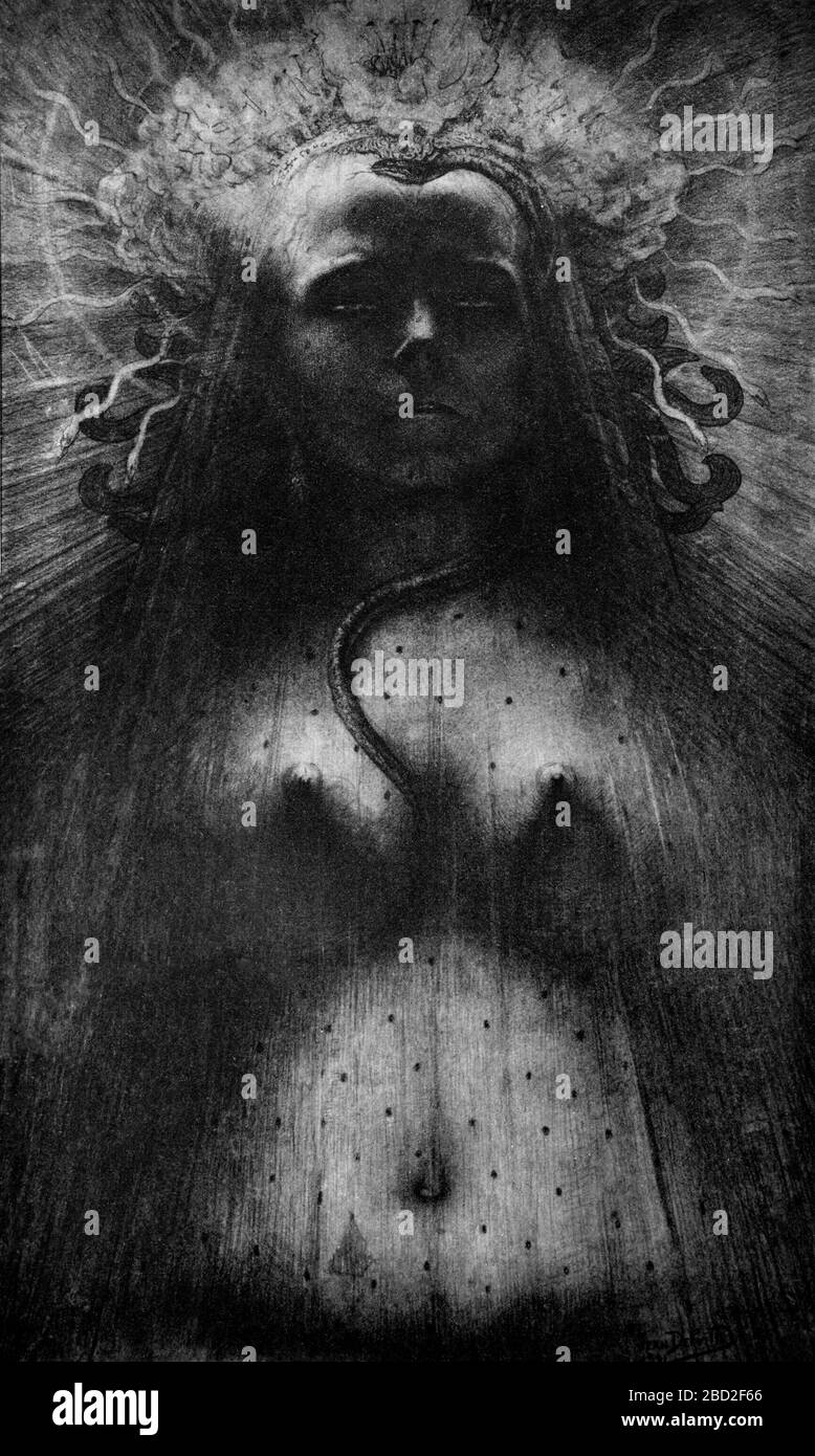 'The Idol of Perversity', perhaps a modern take on Medusa by Jean Delville (1867-1953), a Belgian symbolist painter, author, poet, polemicist, teacher, and Theosophist. The leading exponent of the Belgian Idealist movement in art during the 1890s he held the belief that art should be the expression of a higher spiritual truth and that it should be based on the principle of Ideal, or spiritual Beauty. Stock Photo