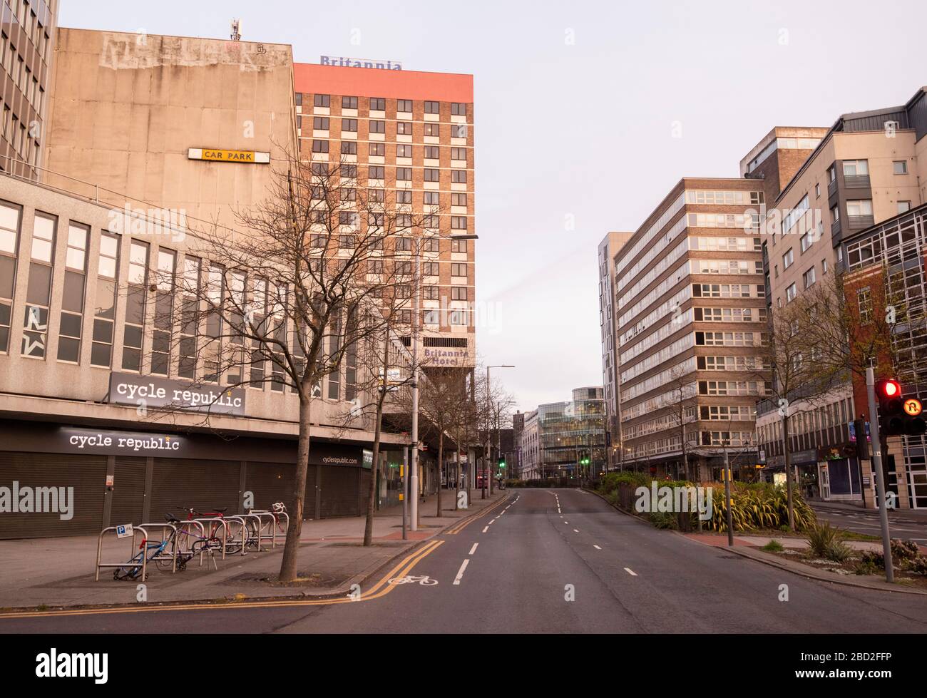 Maid Marian Way at sunrise in Nottingham City, captured during the