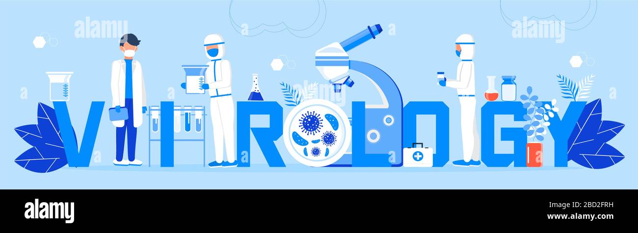 Virology concept vector. Microbiological technology, biotechnology science vector. Scientists study microorganisms in microscope for creation of Stock Vector