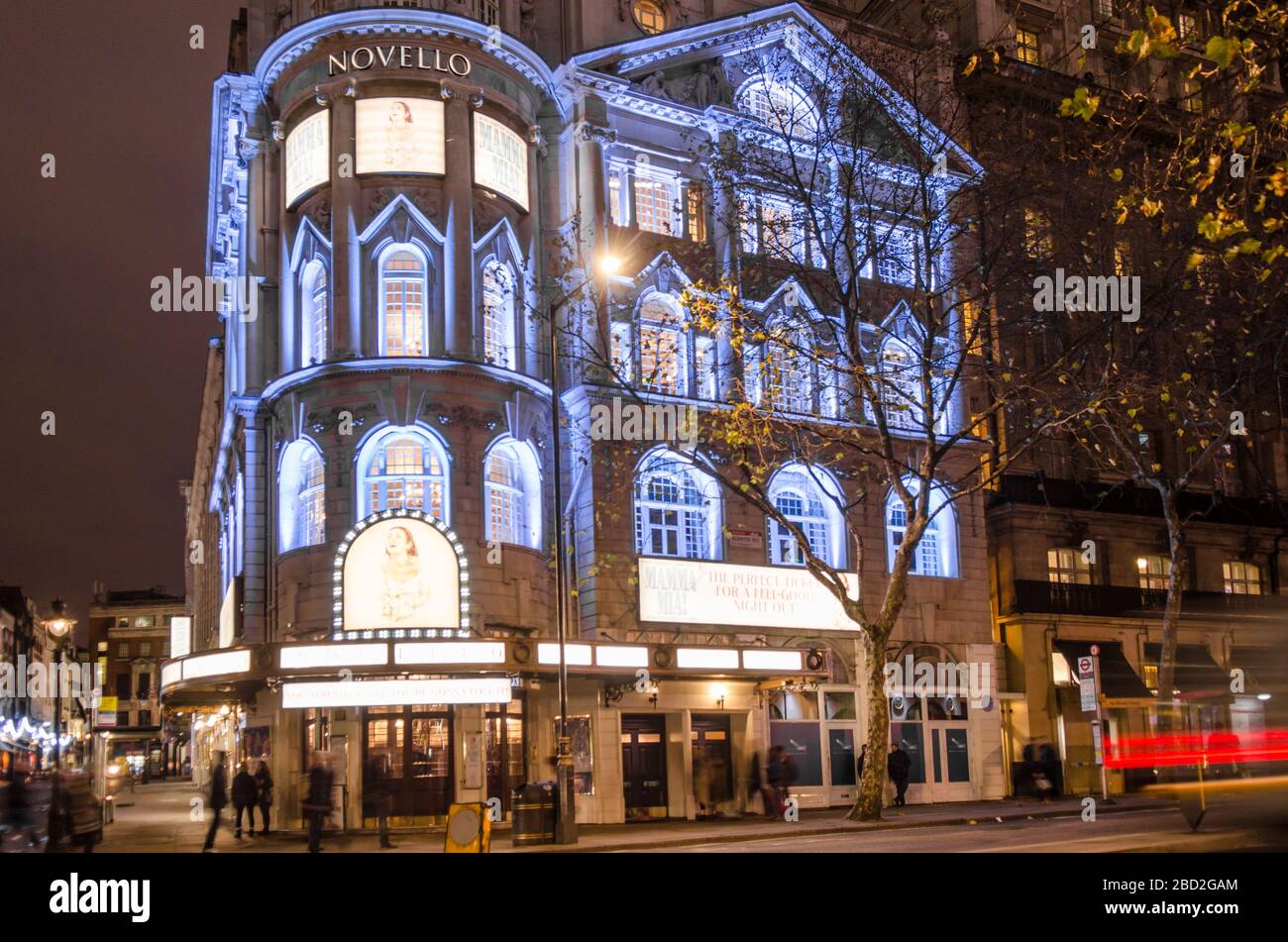 LONDON-  Novello theatre in London's West End, a listed building showing the popular Mama Mia production Stock Photo