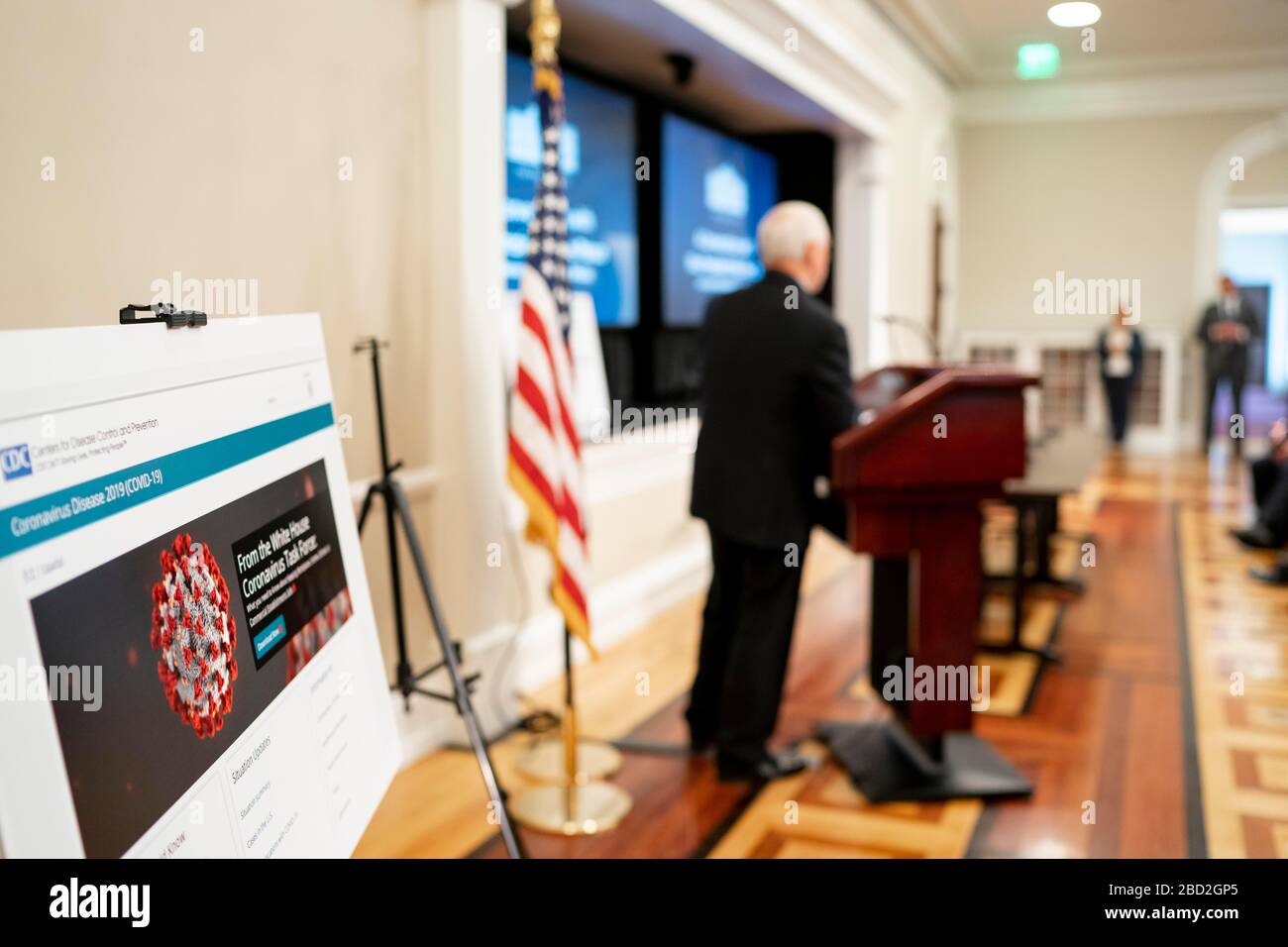 U.S. Vice President Mike Pence delivers remarks to the National League of Cities board of Directors Meeting on the threat of the COVID-19, coronavirus in the Eisenhower Executive Office Building March 11, 2020 in Washington, DC. Stock Photo