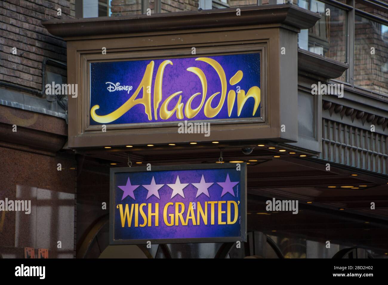 LONDON-  Exterior of the Prince Edward theatre showing Aladdin. A popular musical in London's West End Stock Photo