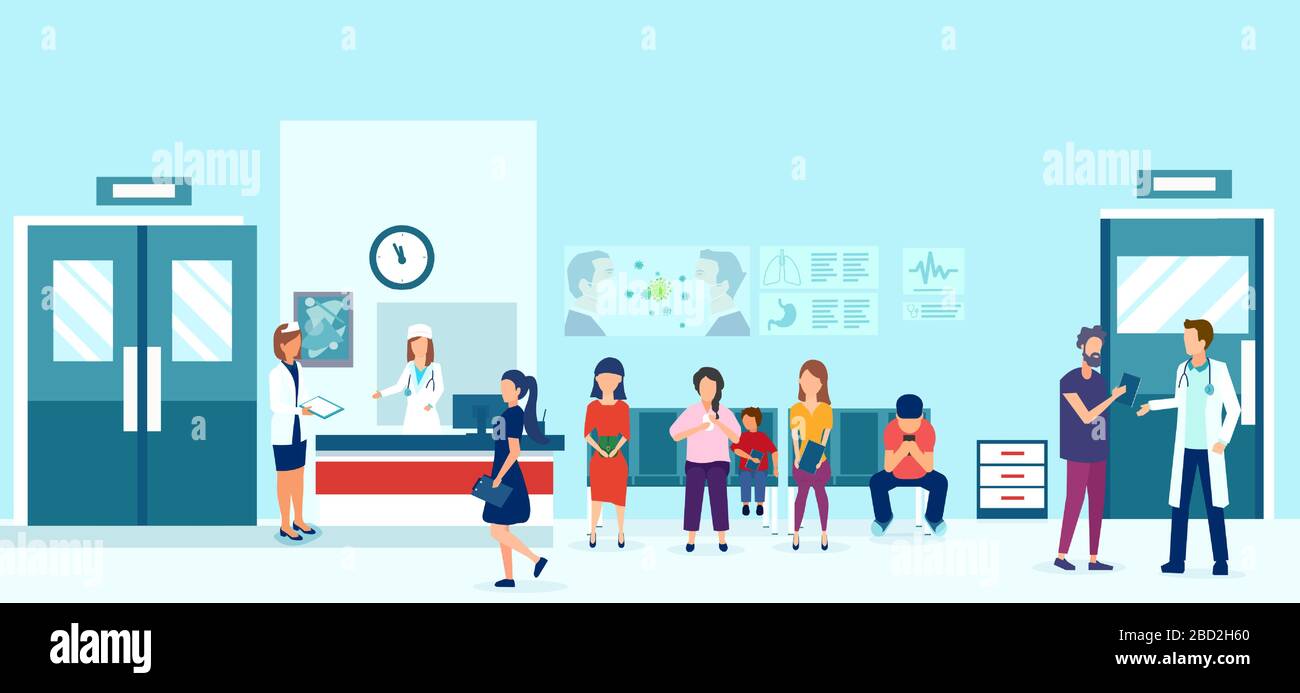 Vector of people sitting on chairs and waiting for doctor appointment in outpatient clinic. Stock Vector