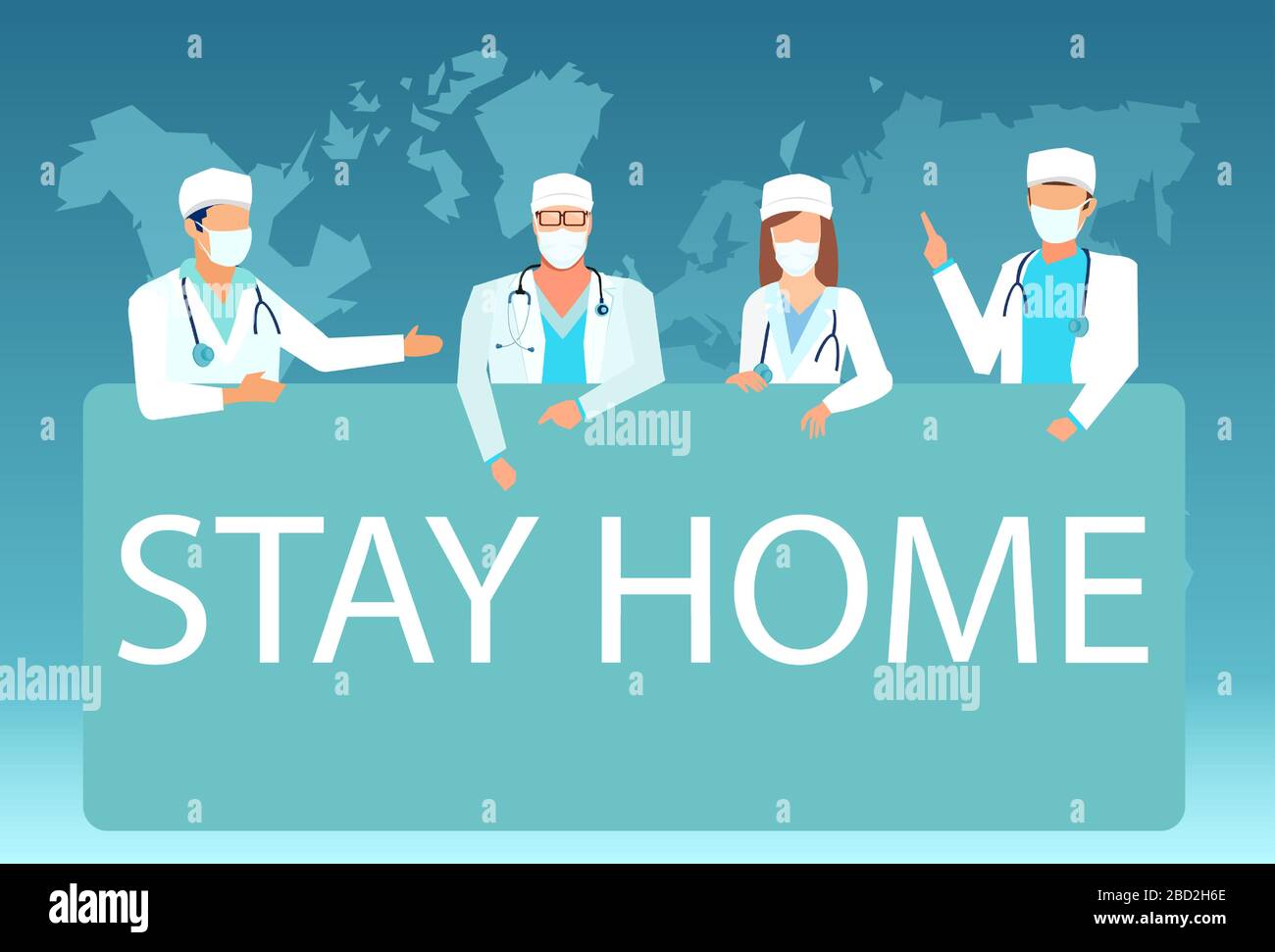Vector of a group of doctors medical staff wearing surgical masks and holding message board asking people to stay home Stock Vector