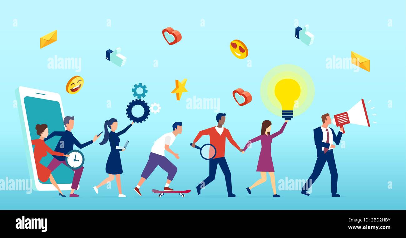 Vector of a group of customers walking out of smartphone, social media platform sending feedbacks to promoted product Stock Vector