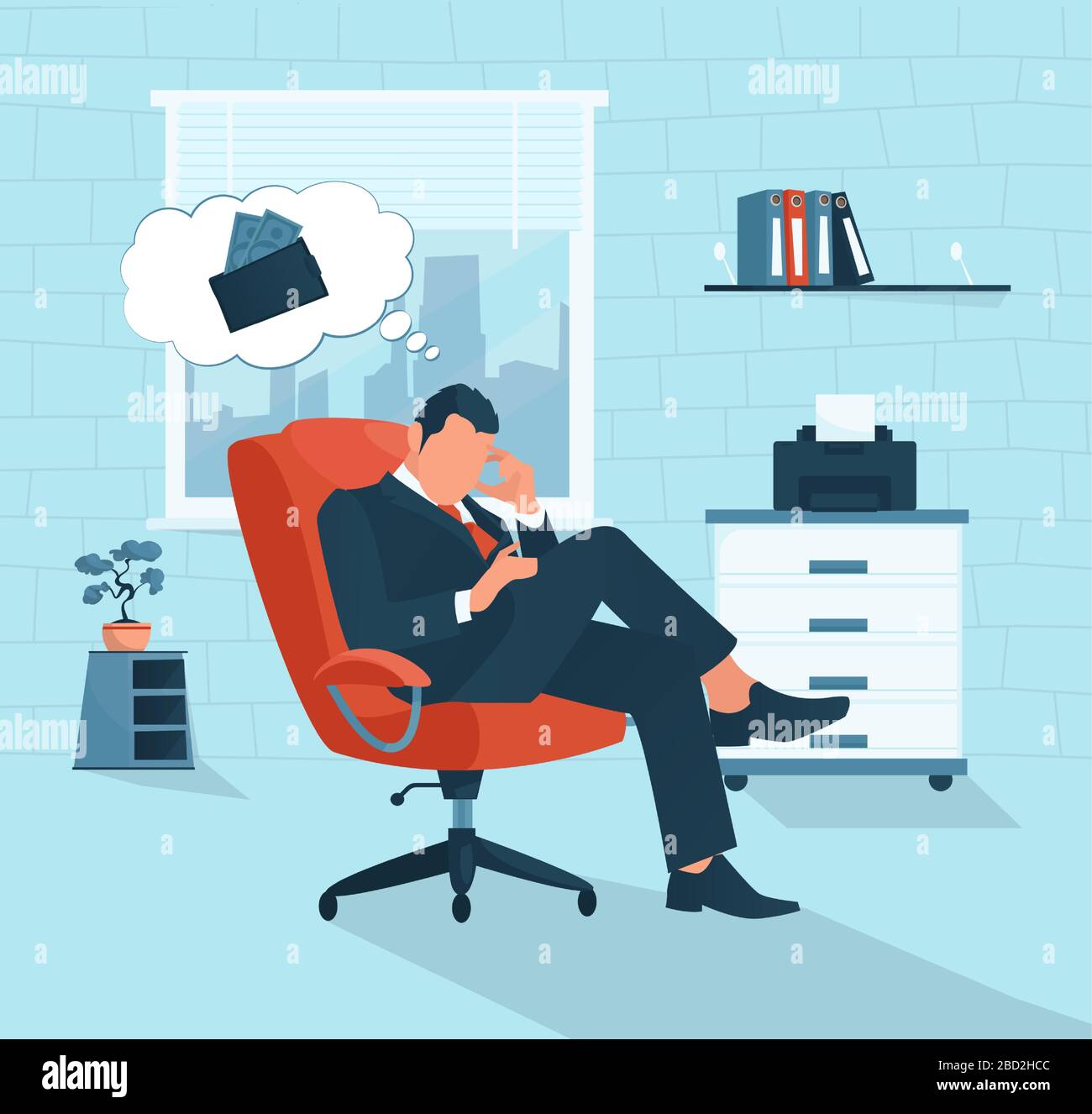 Vector of a sad businessman having financial problem thinking of economy crisis lack of money Stock Vector