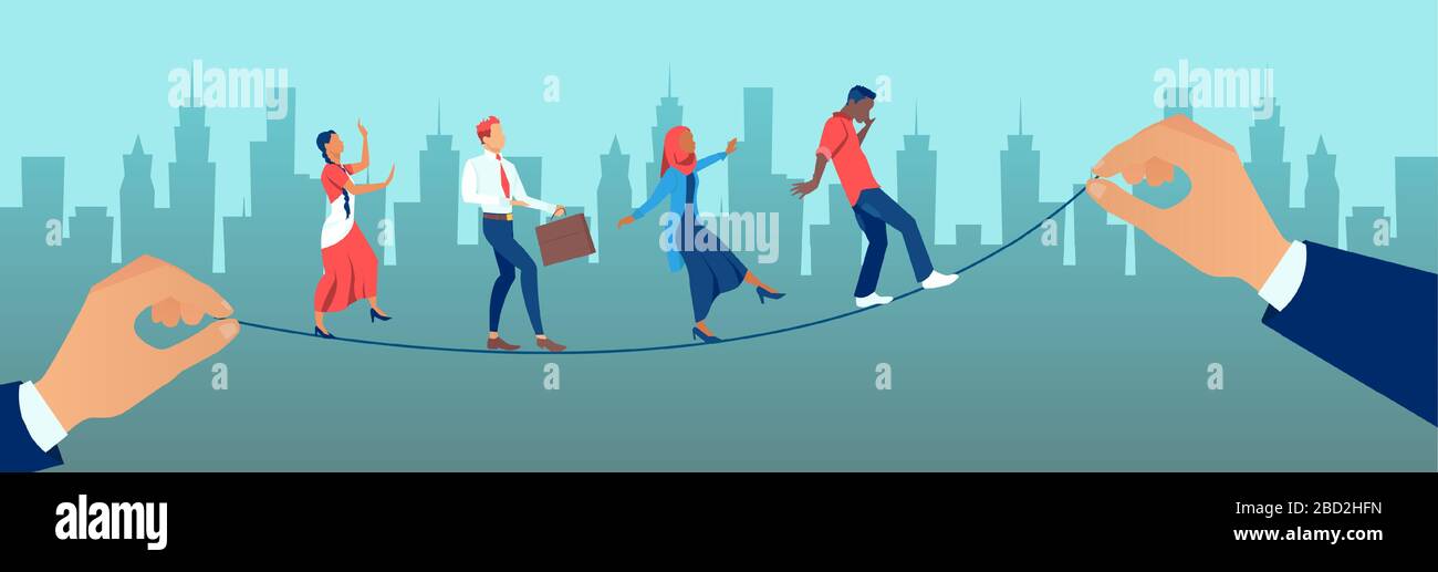 Vector of a diverse group of people walking on balancing tight rope being held by big businessmen Stock Vector