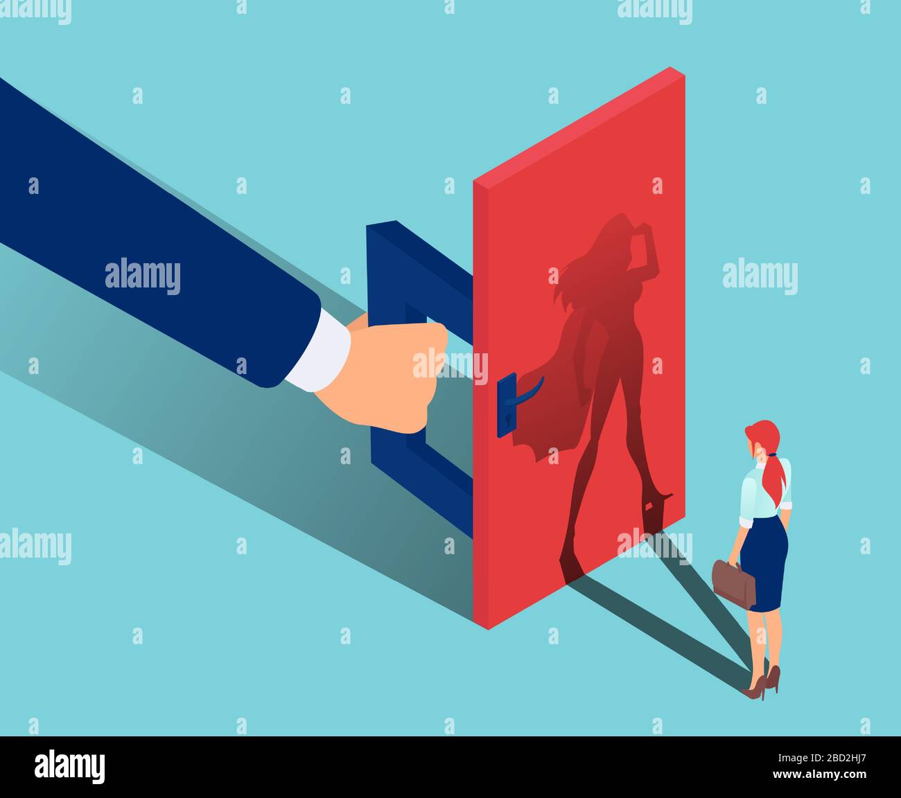 Vector of a brave woman standing in front of a closed door being held by a big businessman from inside Stock Vector