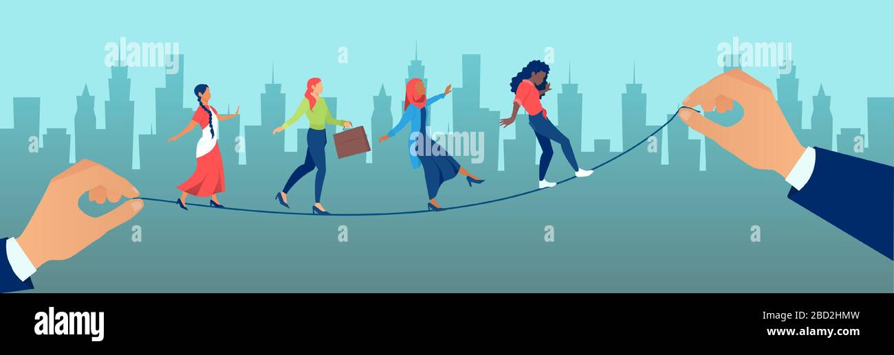 Vector of multicultural young women balancing on a rope held by businessmen Stock Vector