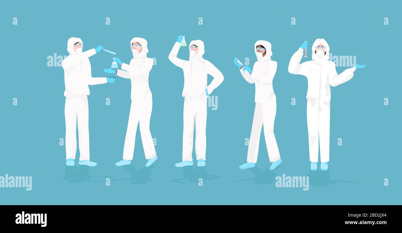 set scientists in hazmat suits holding test tubes working in medical