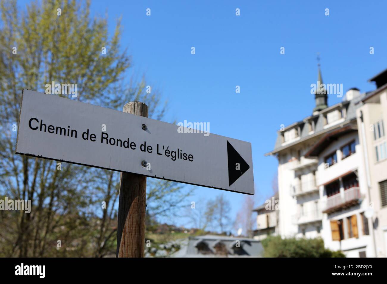 Chemin de Ronde de l'Eglise. Panneau. Saint-Gervais-les-Bains. Haute-Savoie. France. Stock Photo