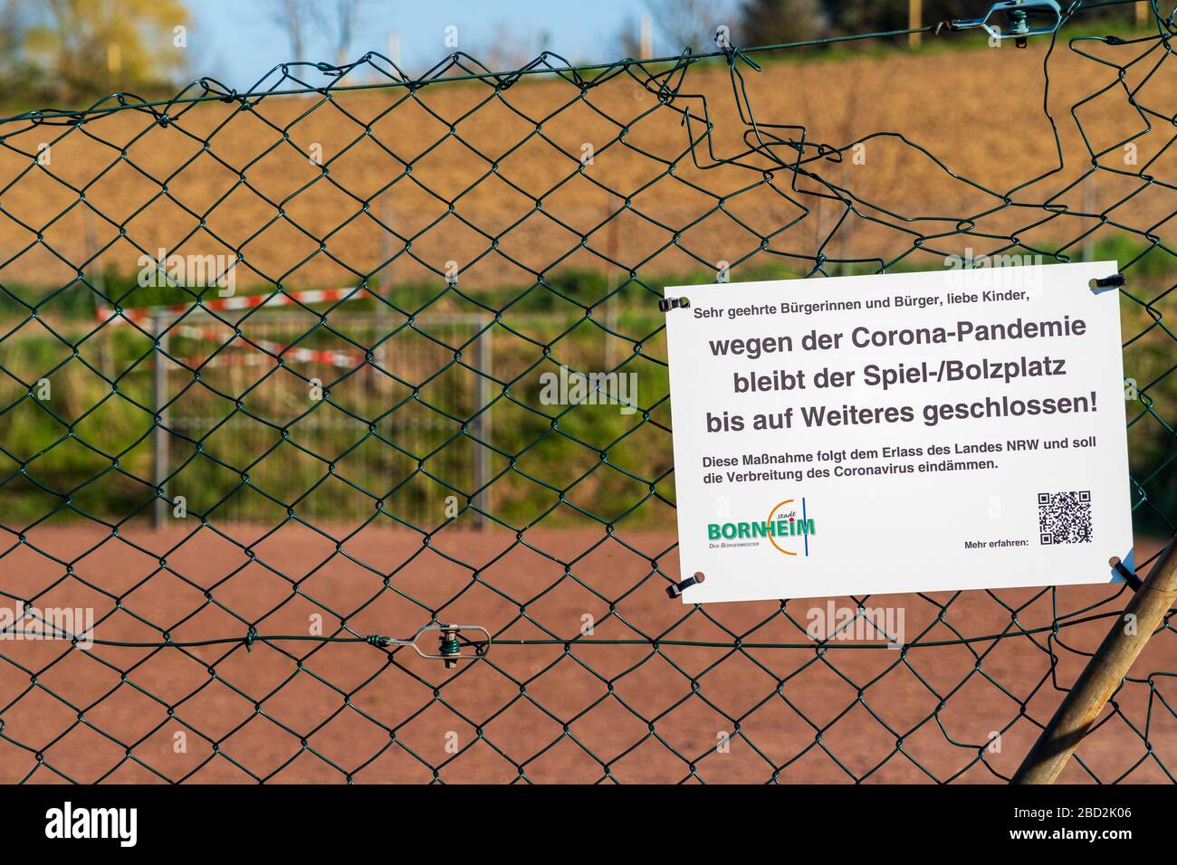 Bornheim, North Rhine-Westphalia, Germany - April 4, 2020: Amateur soccer field closed due to corona virus, covid-19 pandemic. Governmental action. Stock Photo