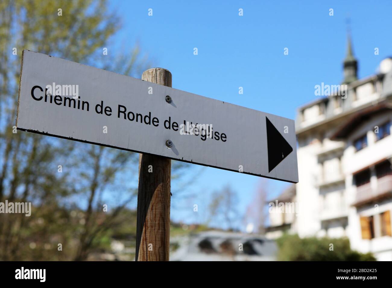 Chemin de Ronde de l'Eglise. Panneau. Saint-Gervais-les-Bains. Haute-Savoie. France. Stock Photo
