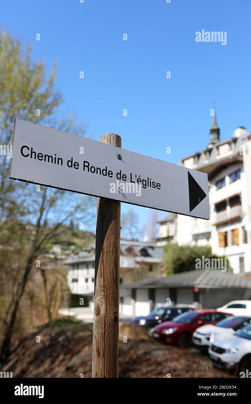 Chemin de Ronde de l'Eglise. Panneau. Saint-Gervais-les-Bains. Haute-Savoie. France. Stock Photo