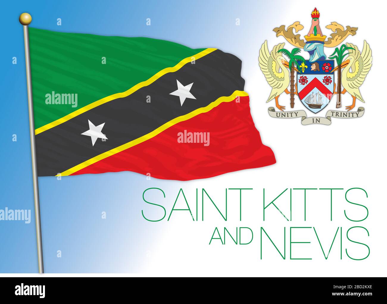 Saint Kitts and Nevis islands official national flag and coat of arms, antilles, vector illustration Stock Vector