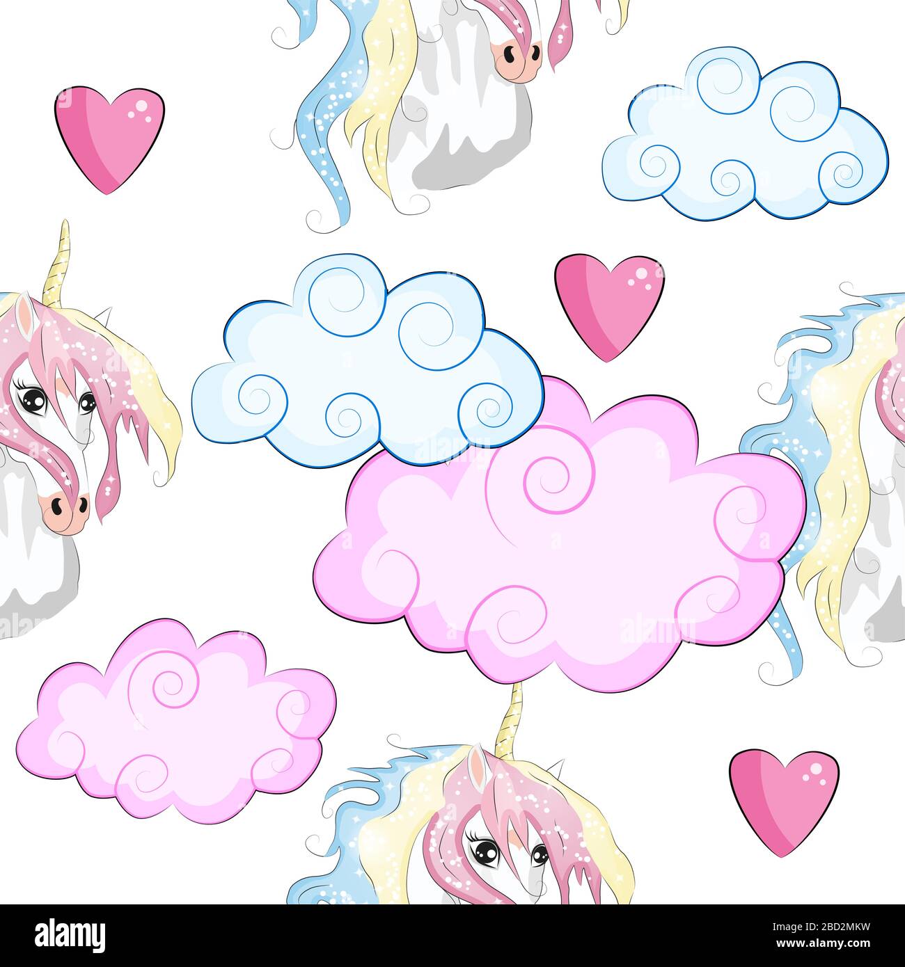 Seamless pattern with trendy cartoon patches. Unicorns, rainbows and hearts. Stock Vector