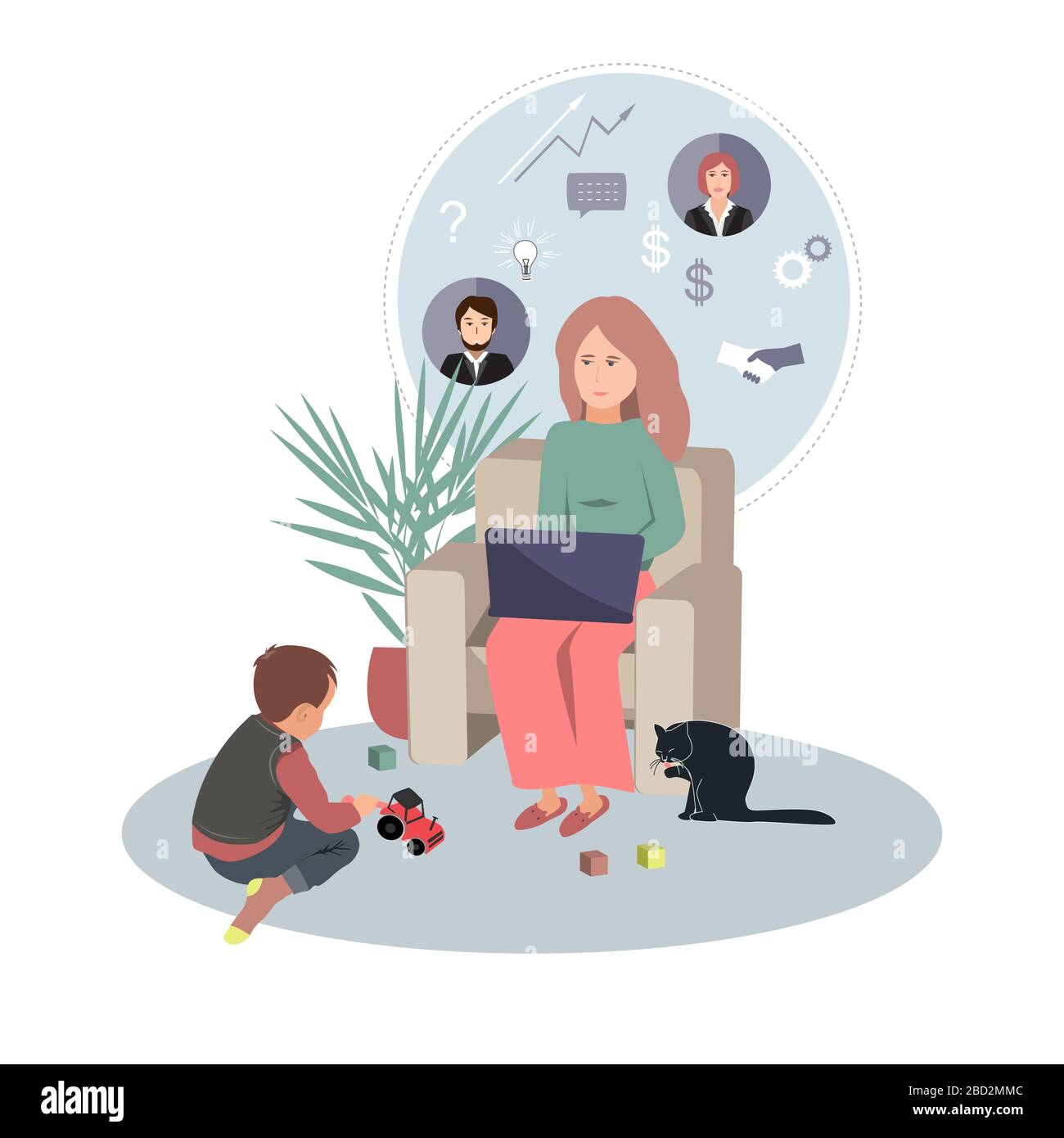 Businesswoman in home clothes working from home using laptop computer and her little son playing on the floor. Covid or coronavirus quarantine concept Stock Vector
