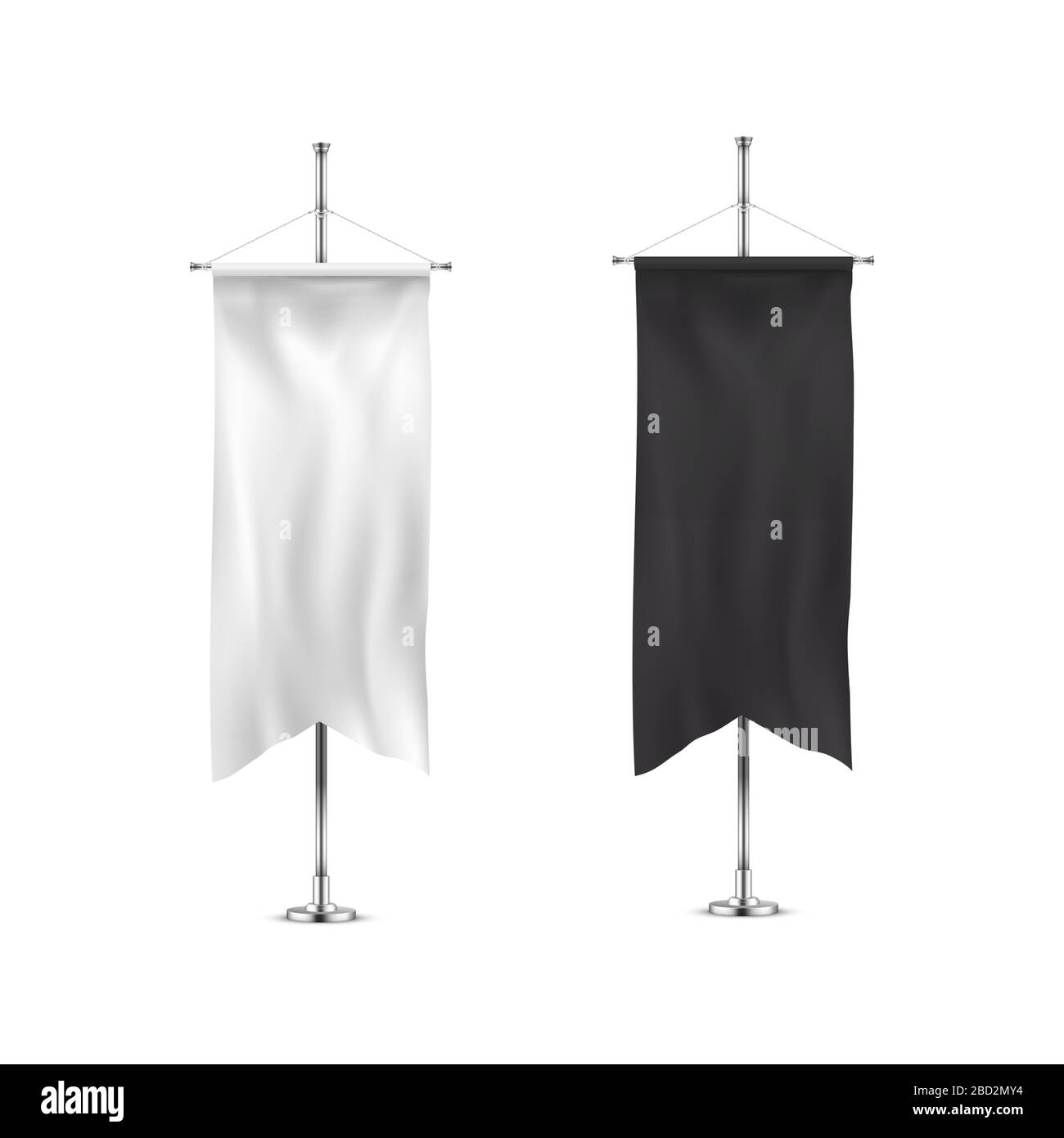Vertical banners hanging on a metal flagpole white and black flags templates. Stock Vector