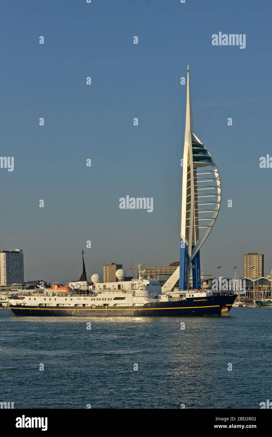 SERENISSIMA departing from Portsmouth Harbour with the modern SPINNAKAR TOWER beyond. Stock Photo